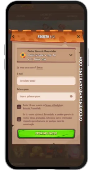 Ecrã de registo do casino