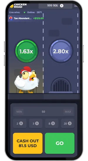 Chicken Road active round with 1.63x current multiplier, 2.80x next step, and Cash Out 81.5 USD on a 50-unit stake