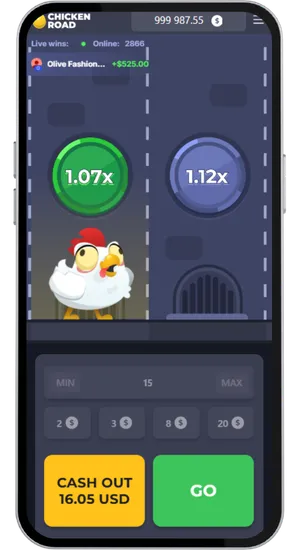 Chicken Road mid-run showing 1.07x active multiplier, 1.12x next step, and Cash Out 16.05 USD button