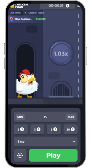 Chicken Road start screen with 1.03x base multiplier, Easy difficulty selected, and green Play button