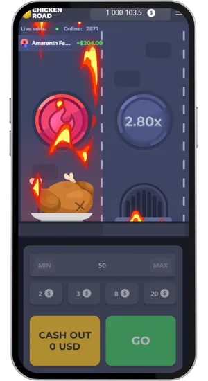 Chicken Road loss screen with chicken burned by a fire trap, Cash Out showing 0 USD and 2.80x visible on next position