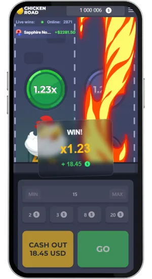 Chicken Road win notification displaying x1.23 multiplier and 18.45 payout with fire trap on the following step