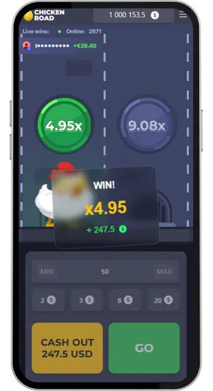 Chicken Road win screen showing x4.95 multiplier with 247.5 payout while 9.08x awaits on the next step